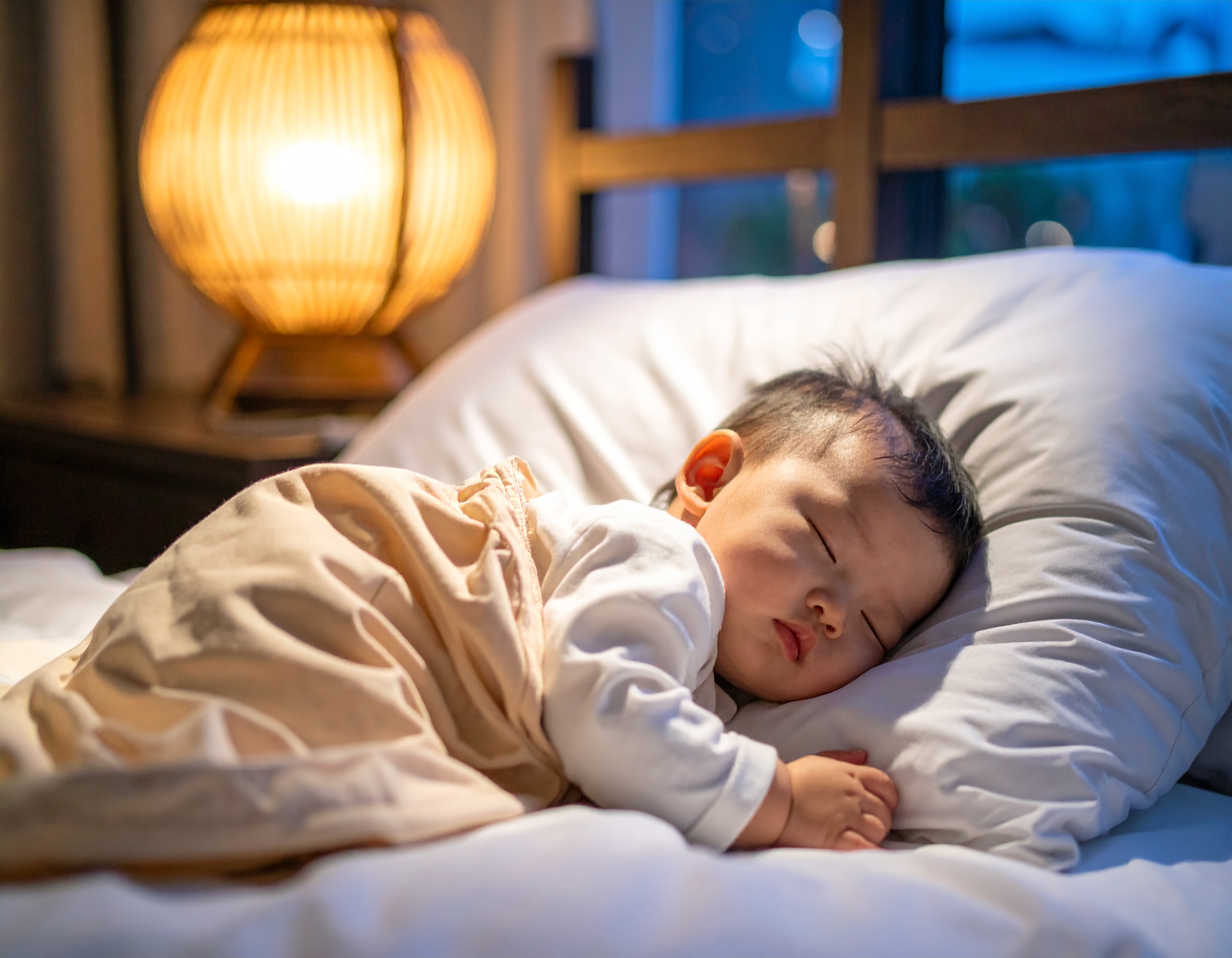 아동 수면 관리, 열대야 아동 수면 팁, 잠든 아기, 은은한 조명,