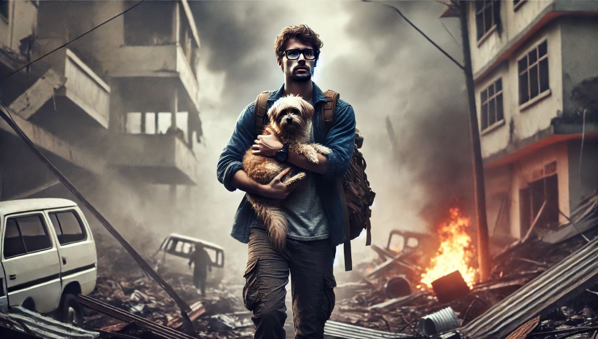 재난 상황에서 반려동물과 함께 대피하는 사진