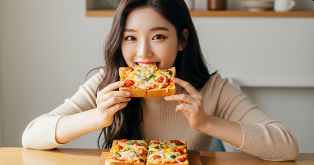 완성된 토스트 피자를 먹고 있는 배경