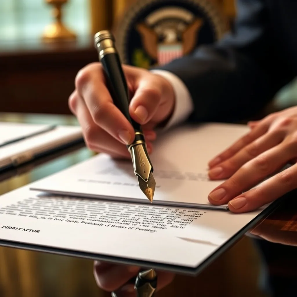 국가의 중요한 정책이나 법안이 최종적으로 확정되는 순간을 상징하는 이미지로, 만년필 끝에 응축된 권위와 책임감을 표현합니다. 대통령의 손이 만년필을 잡고 막 서명을 시작하려는 역동적인 장면이 좋습니다.