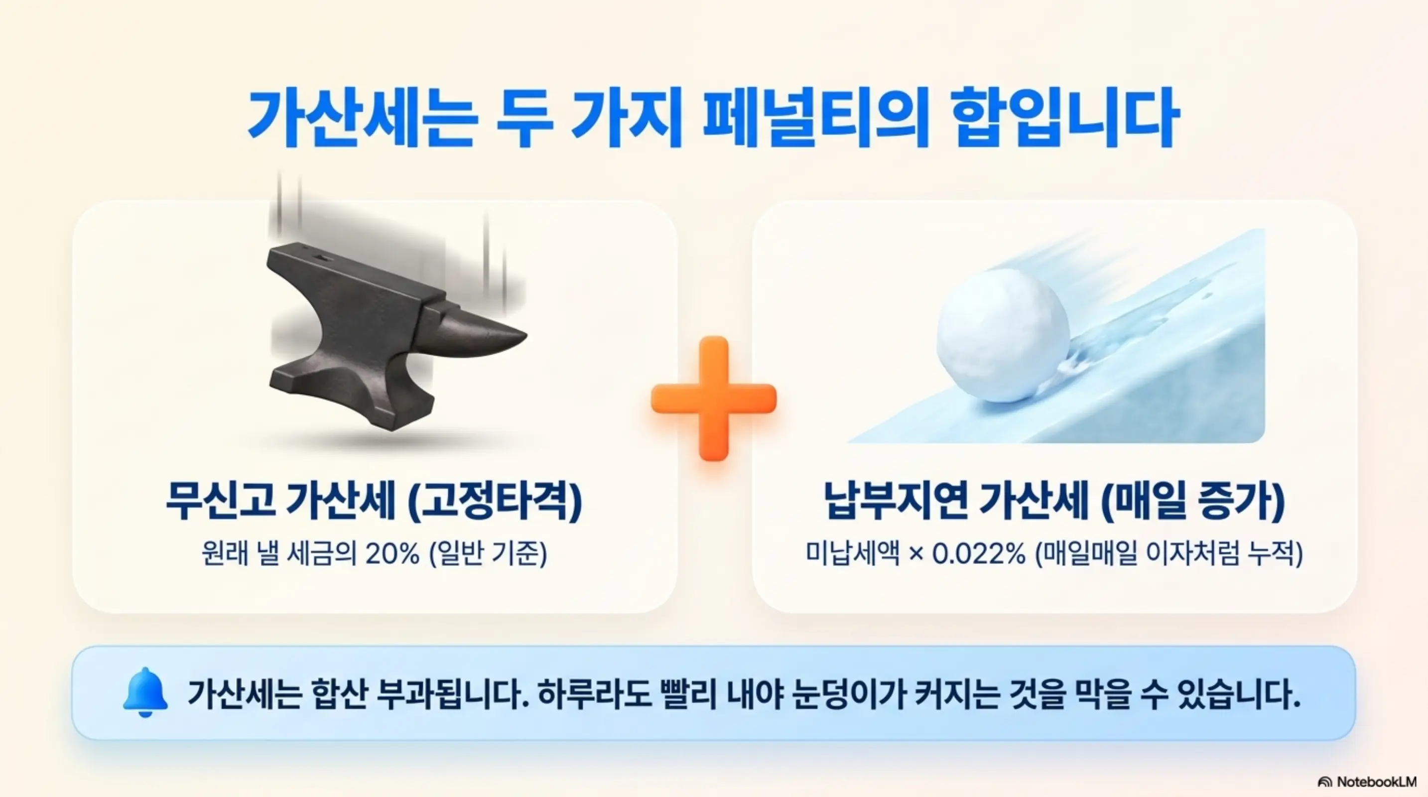 종합소득세 기한후신고 가산세: 가산세는 두 가지 페널티의 합이라는 문구가 포함된 이미지. 이 이미지는 무신고 가산세 20%와 납부지연 가산세 0.022%가 별도로 합산 부과되는 구조를 시각적으로 전달하며, 블로그의 종합소득세 기한후신고 가산세 계산법과 관련된 내용을 설명함