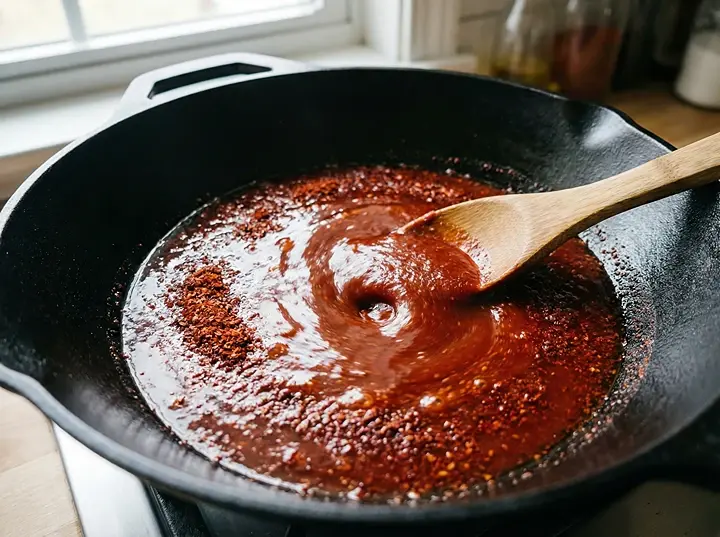 냄비에서 고추장과 고춧가루를 물에 풀어 소스를 만드는 장면