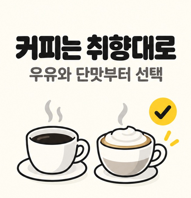 커피 메뉴에서 우유와 단맛을 기준으로 고르도록 안내하는 커피잔 그림