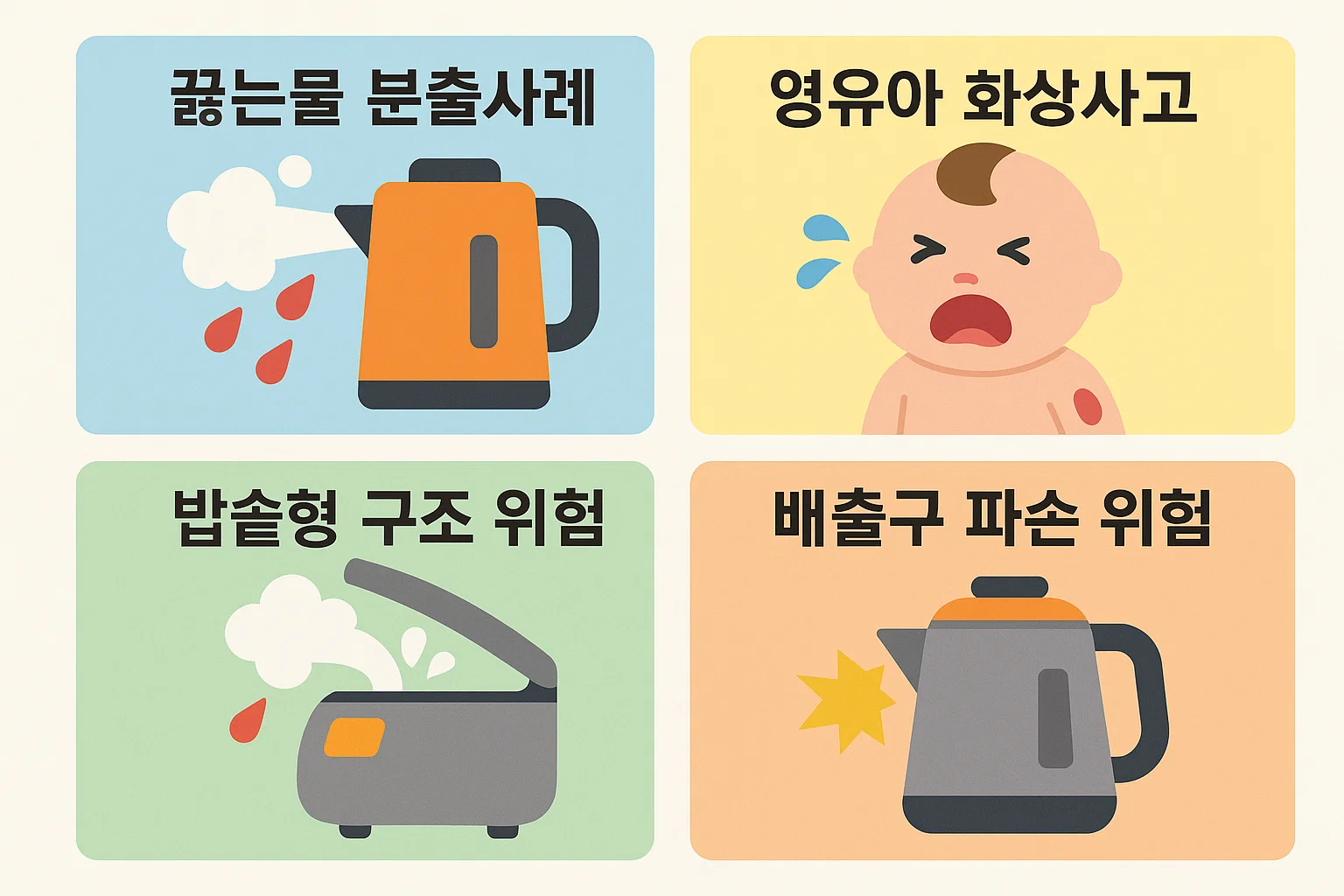 실제 끓는물 분출, 영유아 화상, 밥솥형 구조로 인한 위험, 배출구 파손 사례 등 사용자 안전과 직결되는 사고 유형을 요약한 설명형 인포그래픽