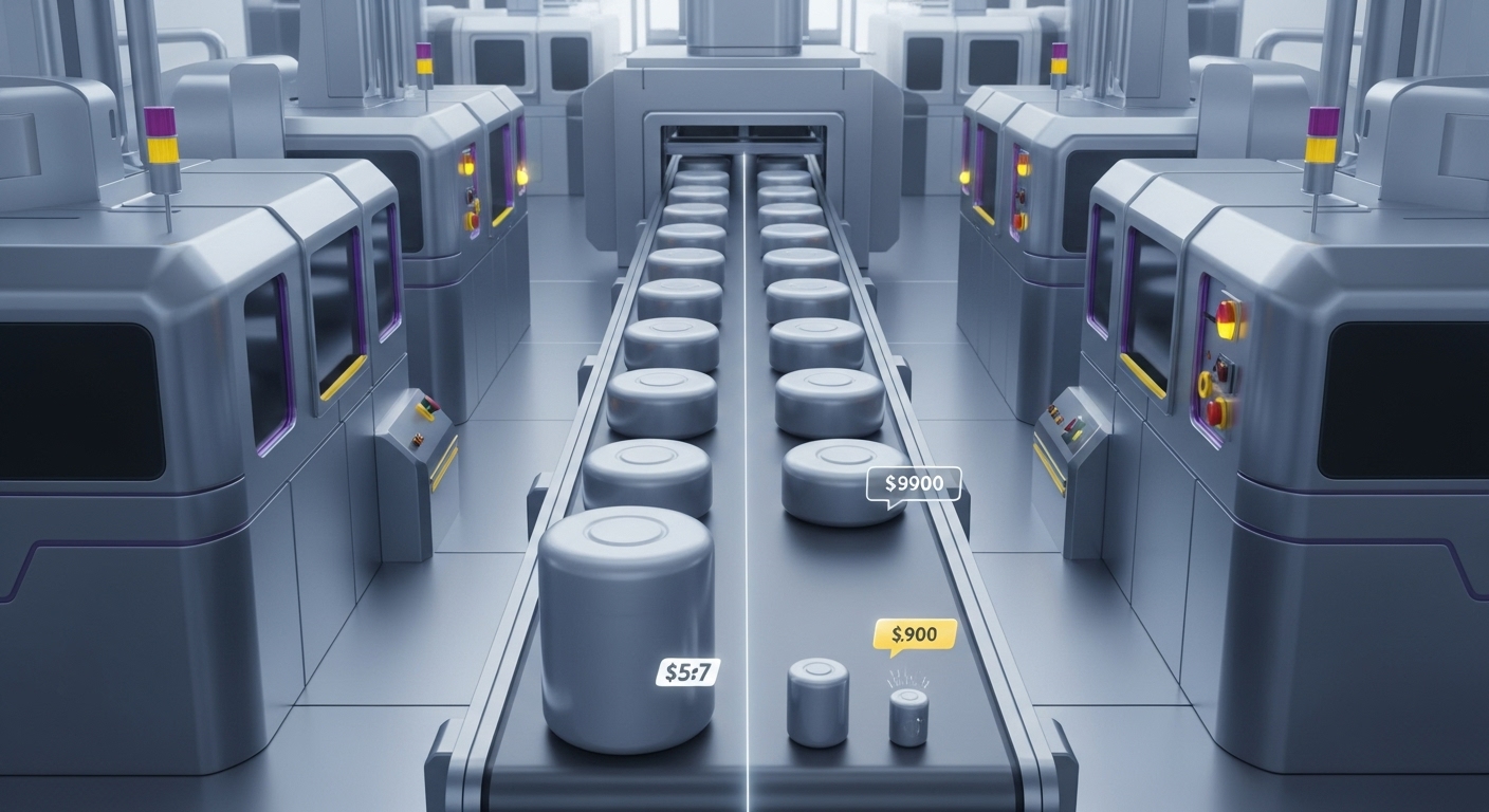 대규모 생산 라인에서 효율적으로 제품을 만들어 비용을 절감하는 모습. 비용 우위와 규모의 경제를 상징합니다.