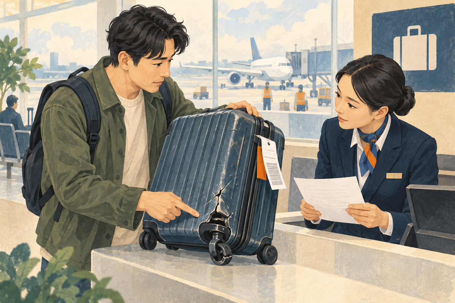 공항에서 가방 상태와 수하물표를 보여주고 신고 확인서를 받아 보관합니다.