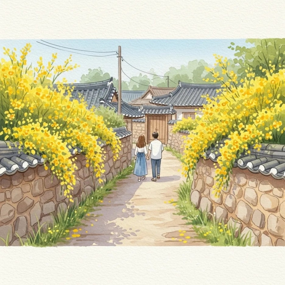 아름다운 돌담길을 따라 걷는 연인의 모습