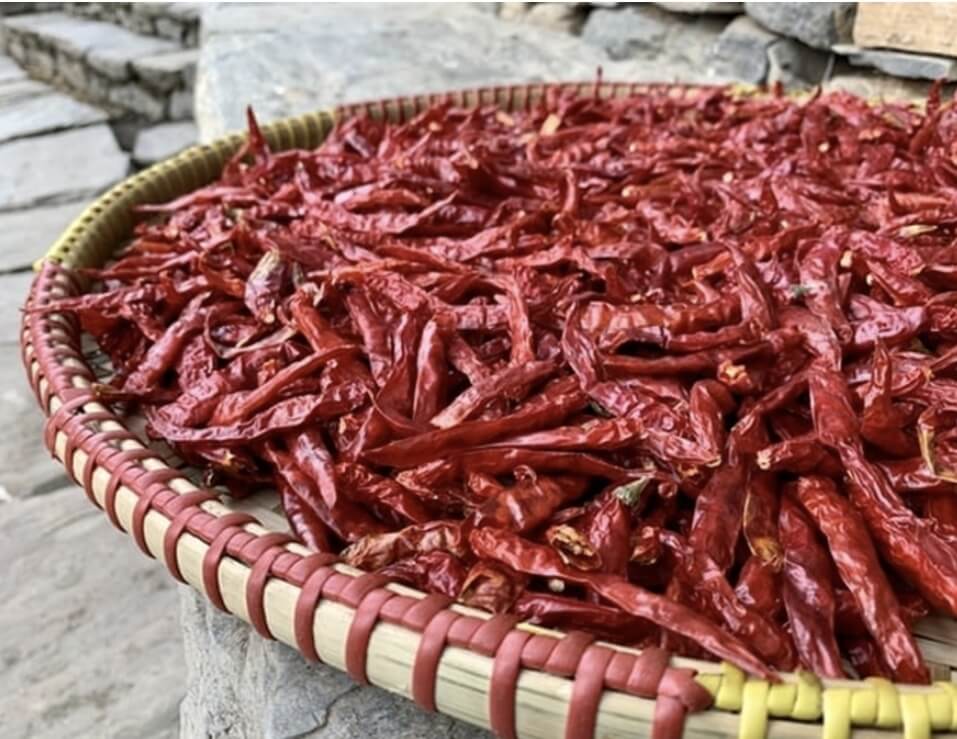 무수히 많은 빨간 고추가 바구니에 담겨 있다