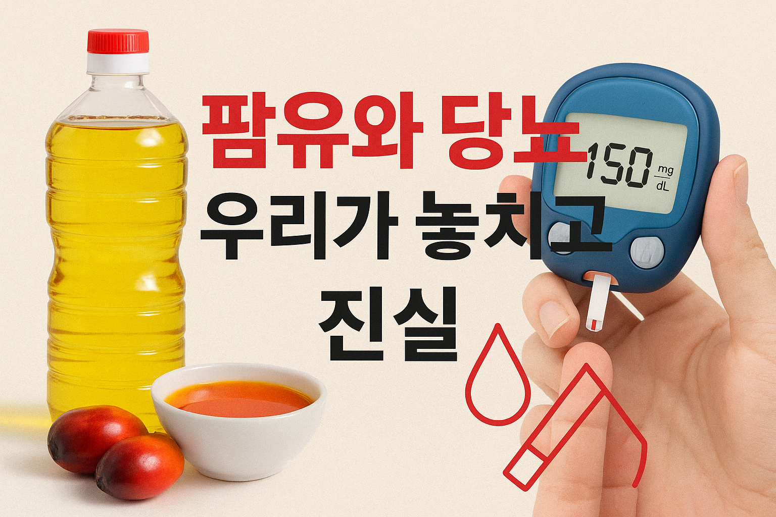 팜유와 당뇨”라는 문구가 중앙에 적혀 있고, 왼쪽에는 붉은색 팜 열매와 투명한 병에 담긴 노란 팜유, 작은 하얀 그릇에 담긴 오렌지빛 기름이 보인다. 오른쪽에는 손가락으로 혈당을 측정 중인 혈당계가 ‘150 mg/dL’을 표시하고 있으며, 혈당 측정을 상징하는 붉은 선 그래픽이 함께 배치된 이미지.