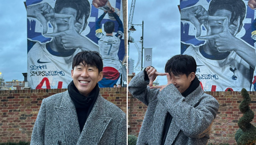 벽화 앞에서 포즈를 취하는 손흥민