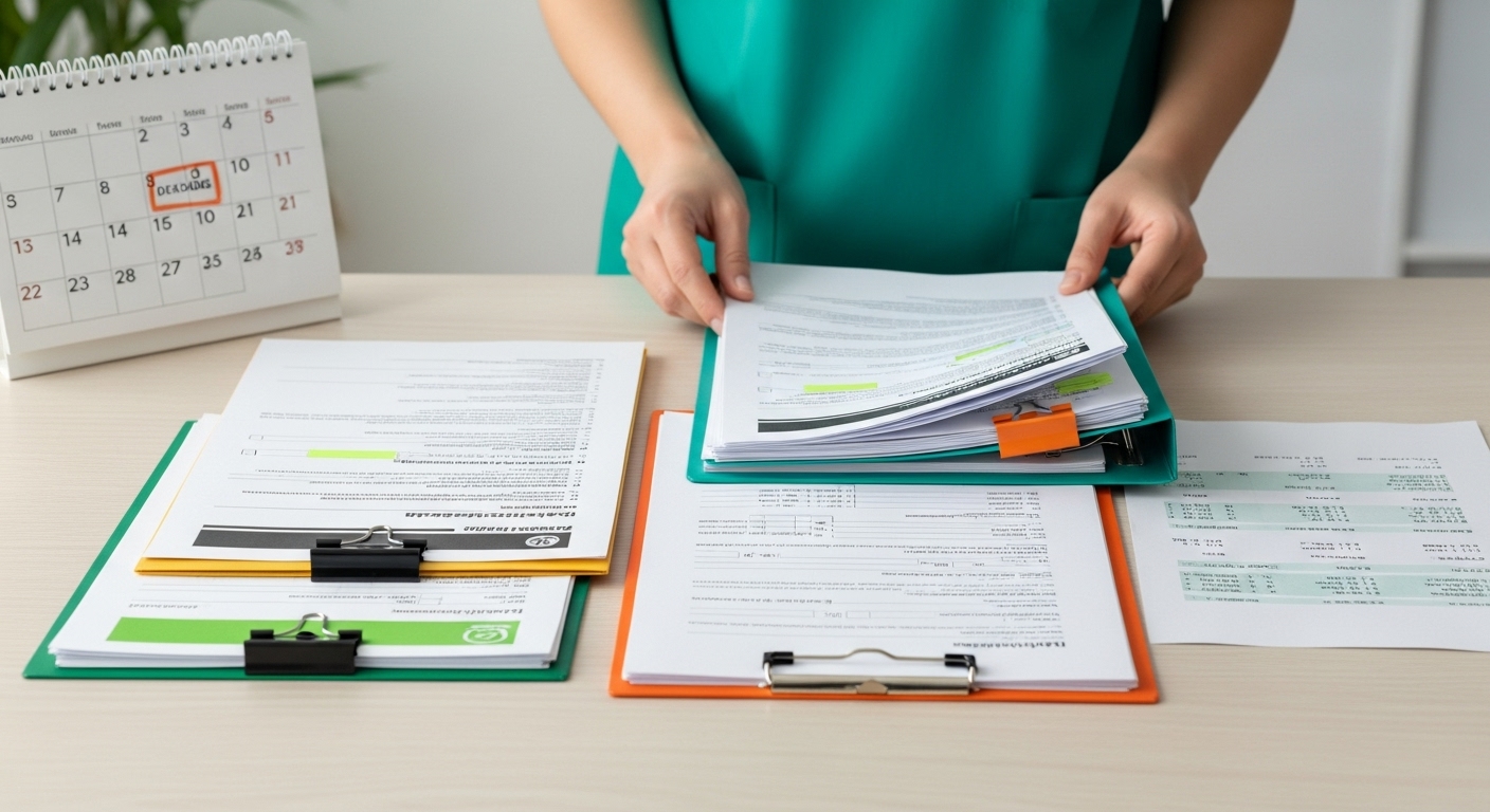 암환자 의료비 지원사업 신청을 위해 필요한 서류들을 꼼꼼하게 정리하는 모습.