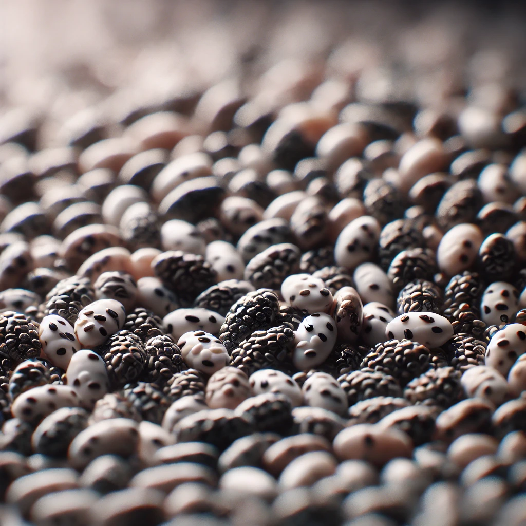 흰 배경 위에 흩어진 치아씨드의 고해상도 근접 이미지, 씨앗의 세부적인 질감과 색상이 강조됨.
