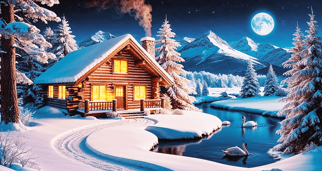 하얀 눈이 가득 쌓인 숲속에 나무 집이 있다. 밤하늘엔 둥근 달이 있고, 집 주변엔 하얀 눈이 쌓인 나무들이 가득하다.