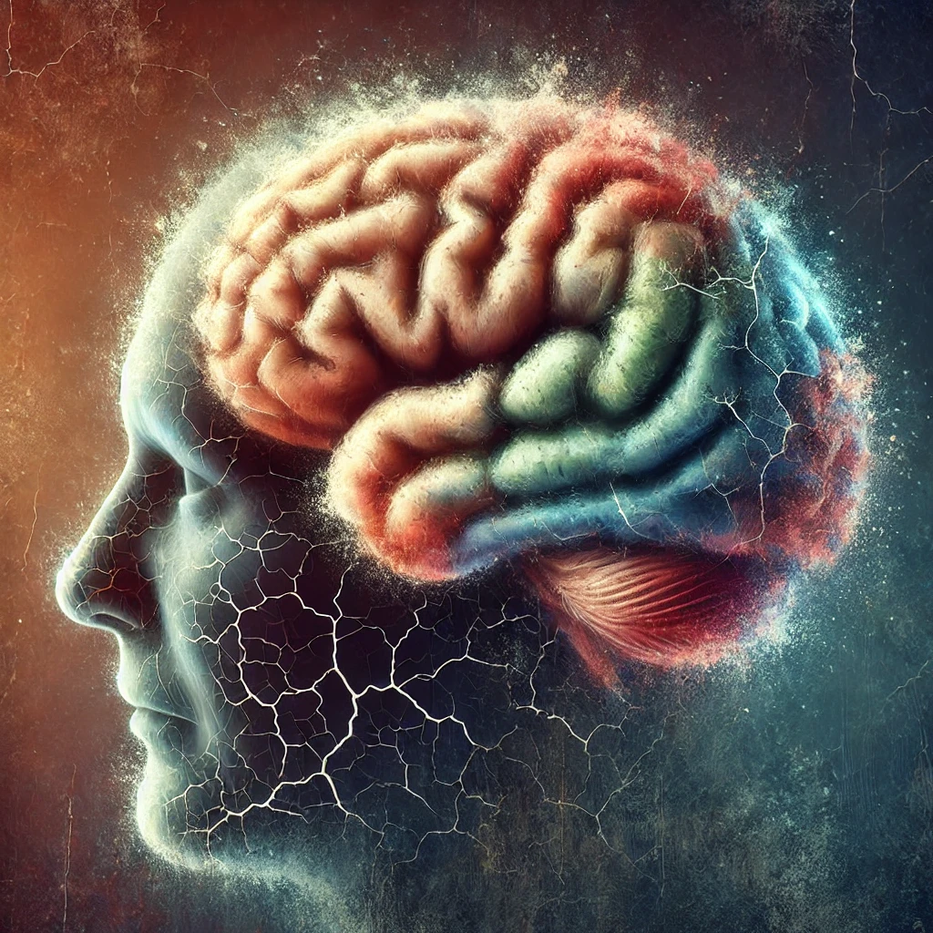 "노화로 인해 색이 바래고 균열이 생긴 인간 뇌의 모습, 기억력 저하와 인지 기능 감퇴를 상징"