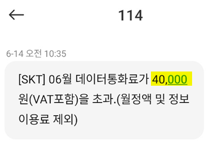 SKT 데이터통화로 4만원 초과메세지