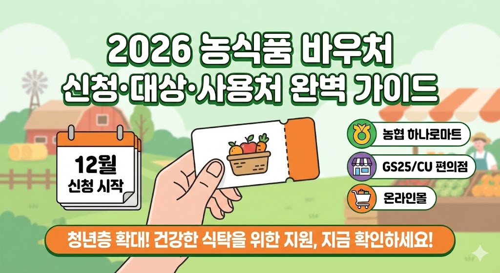 2026년 농식품 바우처 사업 안내 썸네일. 청년층까지 확대된 지원 대상과 12월 22일 신청 시작 정보, 온·오프라인 사용처 요약