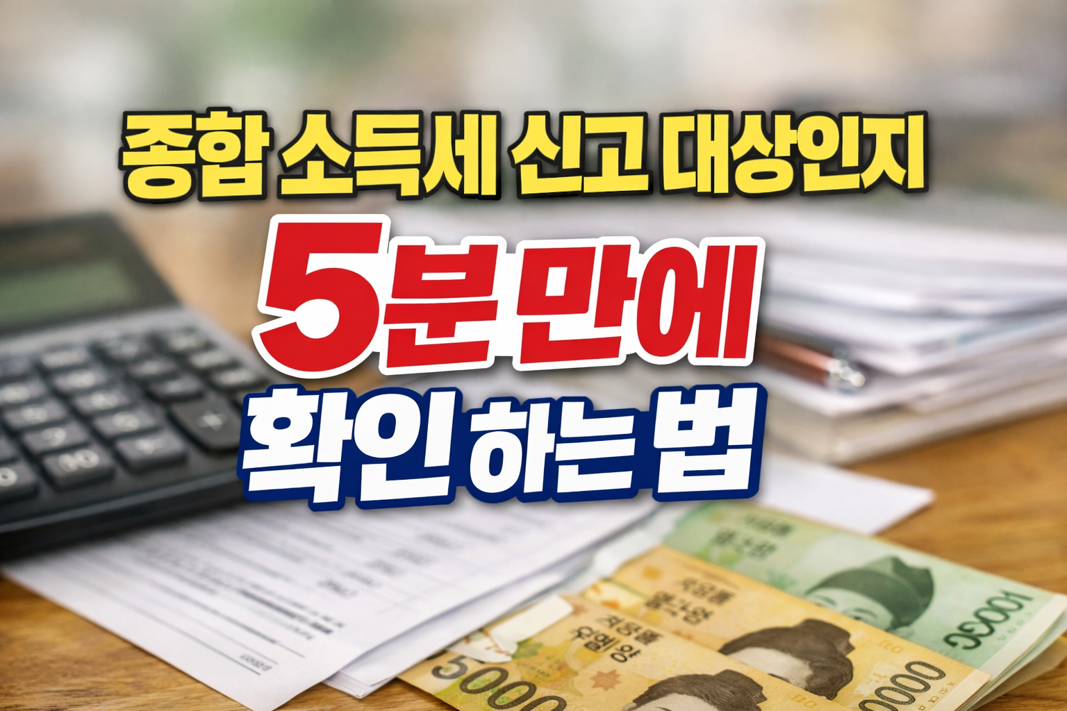 계산기와 서류, 현금이 놓인 책상 배경 위에 &lsquo;종합소득세 신고 대상인지 5분만에 확인하는 법&rsquo; 문구가 들어간 썸네일 이미지