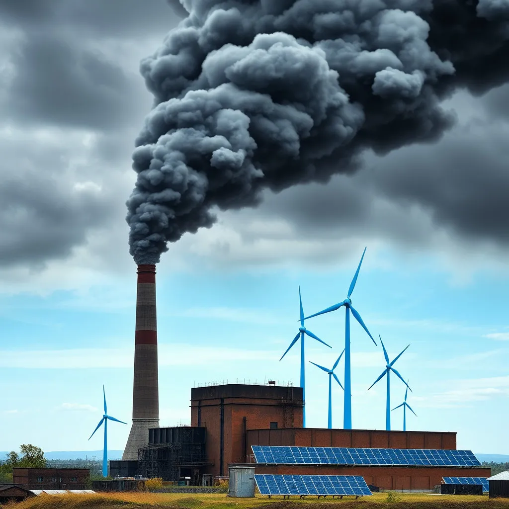 설명: 오래된 석탄 발전소 굴뚝에서 검은 연기 대신 푸른 바람개비나 태양광이 솟아나는 그래픽적인 전환을 보여줍니다. 과거와 현재, 미래의 대비를 통해 변화의 필요성과 방향성을 강조