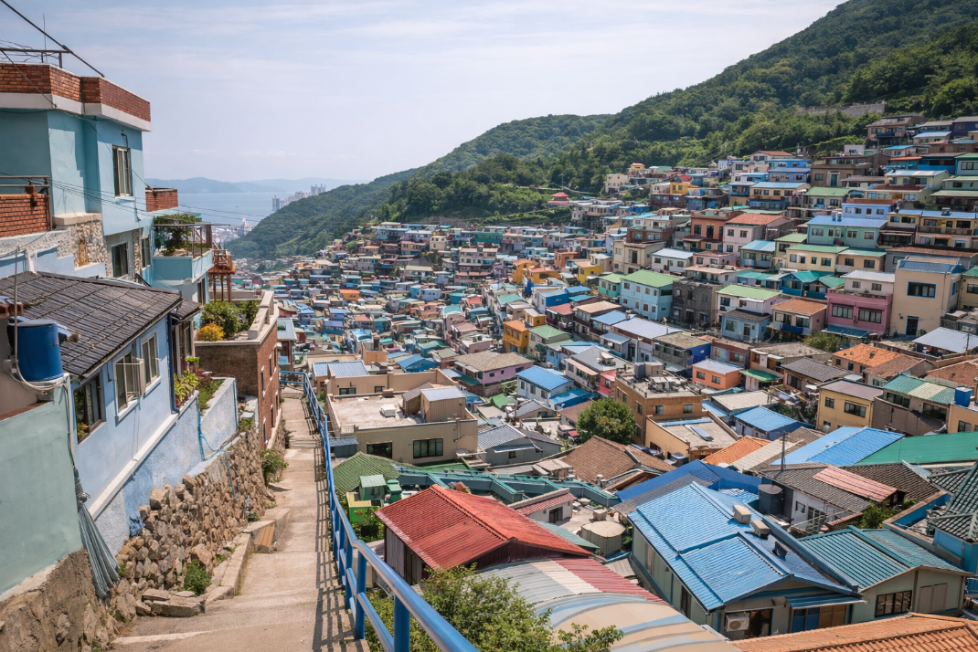 부산 감천문화마을 산비탈을 따라 이어진 집들과 골목, 계단길