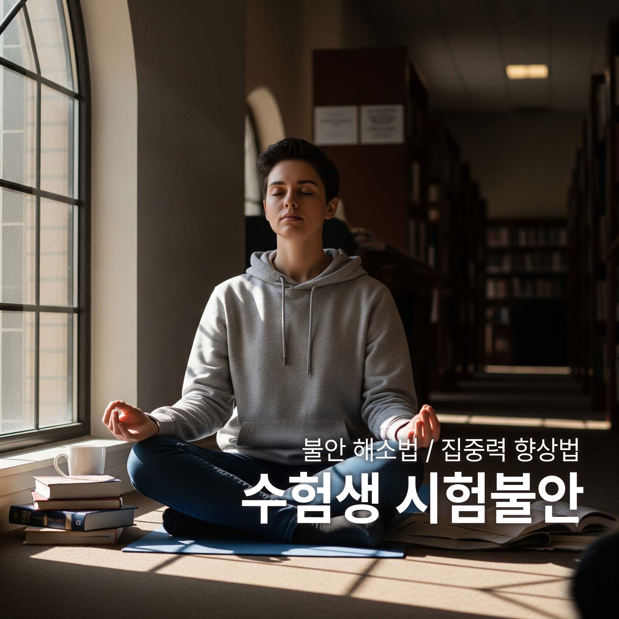 학생이 시험불안을 벗어나기 위해서 명상하고있다