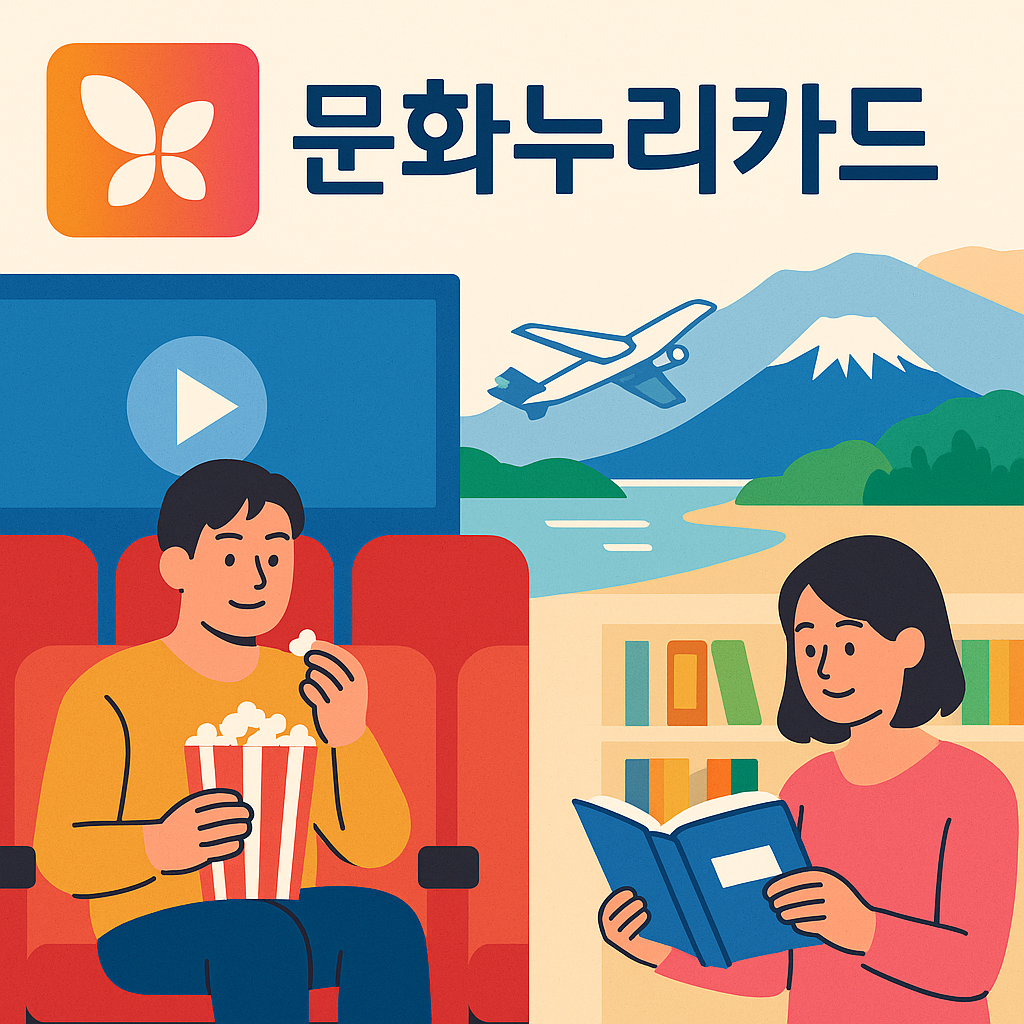문화누리카드 로고와 영화관&middot;여행지&middot;서점이 어우러진 장면
