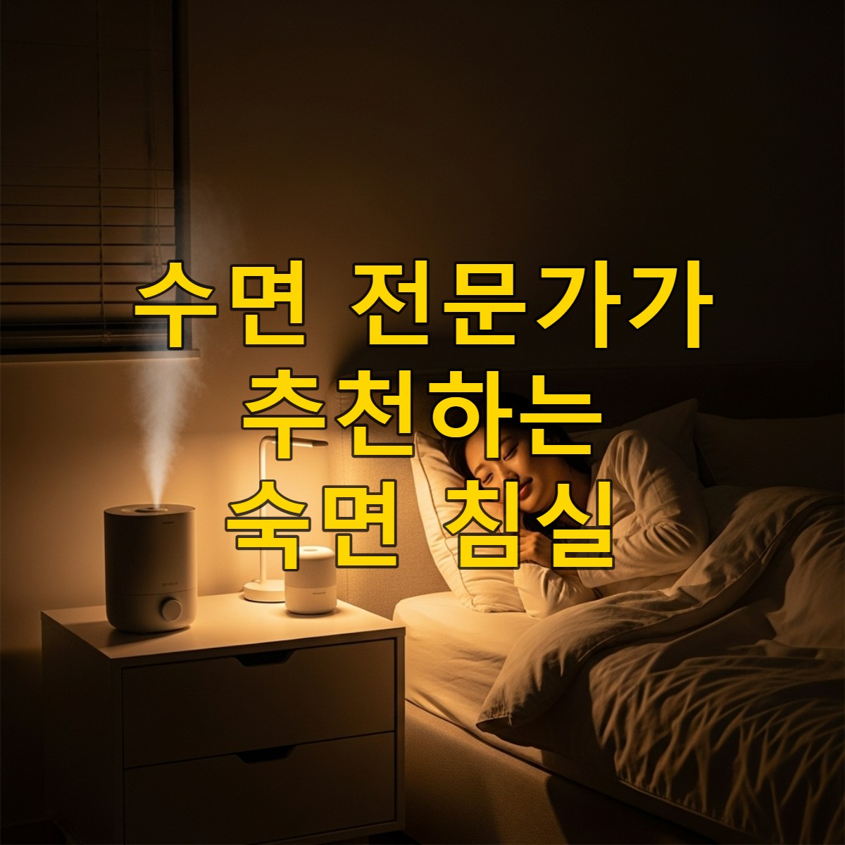 따뜻한 간접 조명이 비치는 아늑하고 현대적인 한국 침실에서 평화롭게 잠든 한국 여성. 침실은 완벽하게 어둡고 고요하며, 숙면을 위한 최적의 빛, 소음, 온도를 나타냅니다.