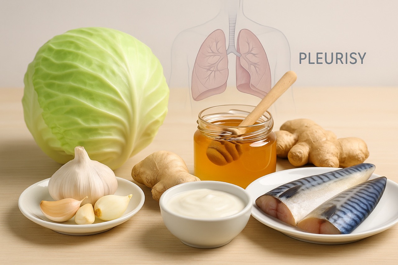 늑막염 완화에 좋은 음식들(양배추, 마늘, 꿀, 생강, 고등어, 요거트)과 폐 염증을 나타낸 의료 일러스트 배경(출처: 자체제작)