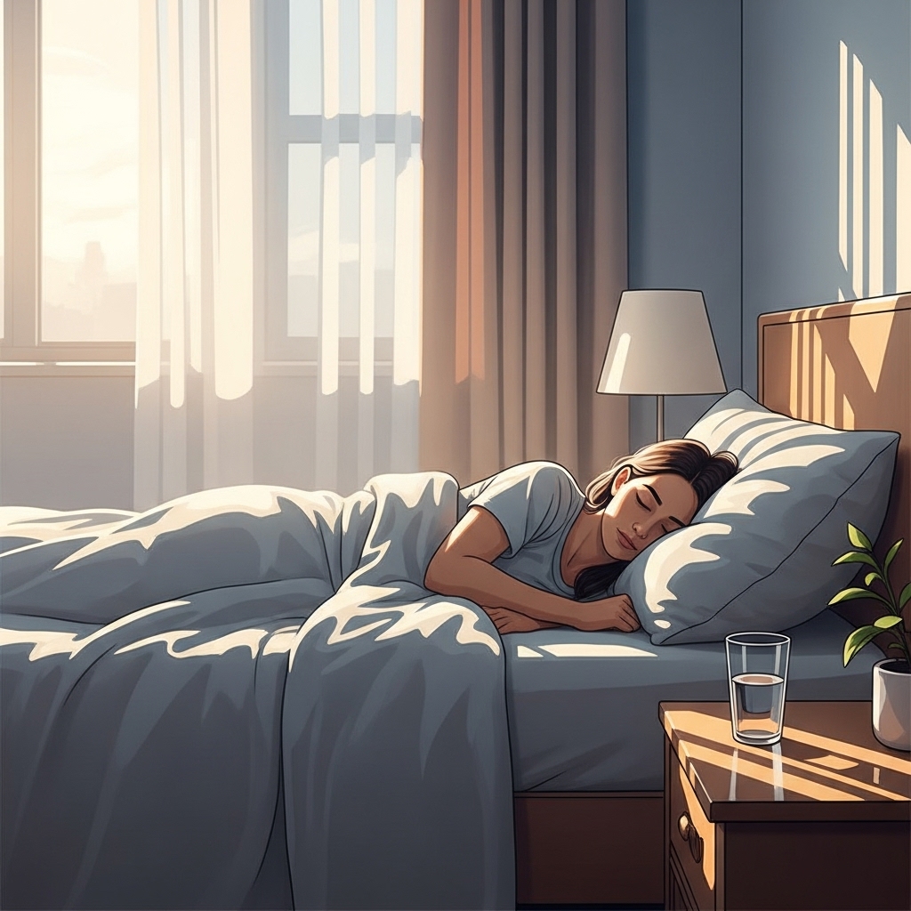 평화로운 아침 햇살이 비치는 침실에서 깊은 잠을 자고 있는 사람의 모습. 편안하고 건강한 수면 환경을 보여주는 이미지.