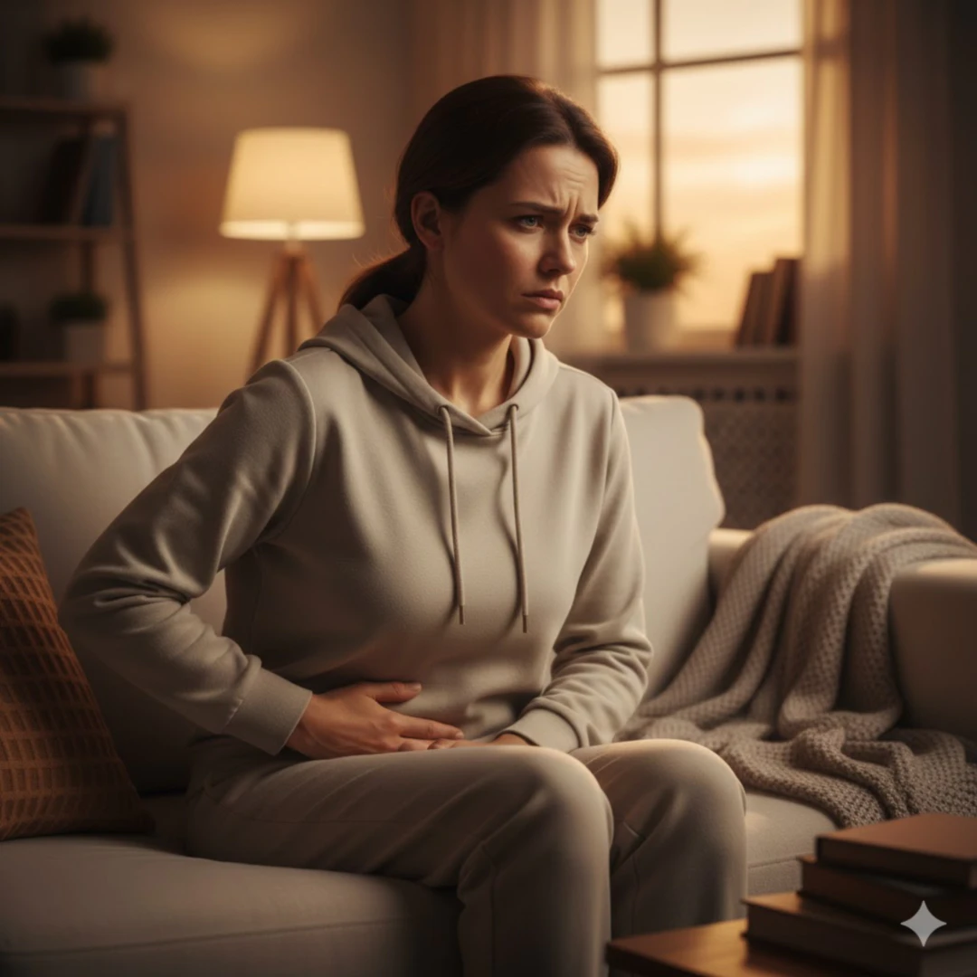 편안한 옷을 입은 사람이 침대에 앉아 있거나 소파에 기대어 왼쪽 옆구리 또는 복부를 부드럽게 쓰다듬고 있는 모습을 그려주세요. 얼굴에는 약간의 불편함이 엿보이지만 고통보다는 답답함이나 묵직함에 가까운 표정입니다. 따뜻한 색감과 부드러운 빛으로 편안하지만 미묘하게 불편한 분위기를 연출해 주세요.
