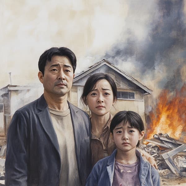 화재 피해 후 임시 주거 지원을 받는 한국인 가족