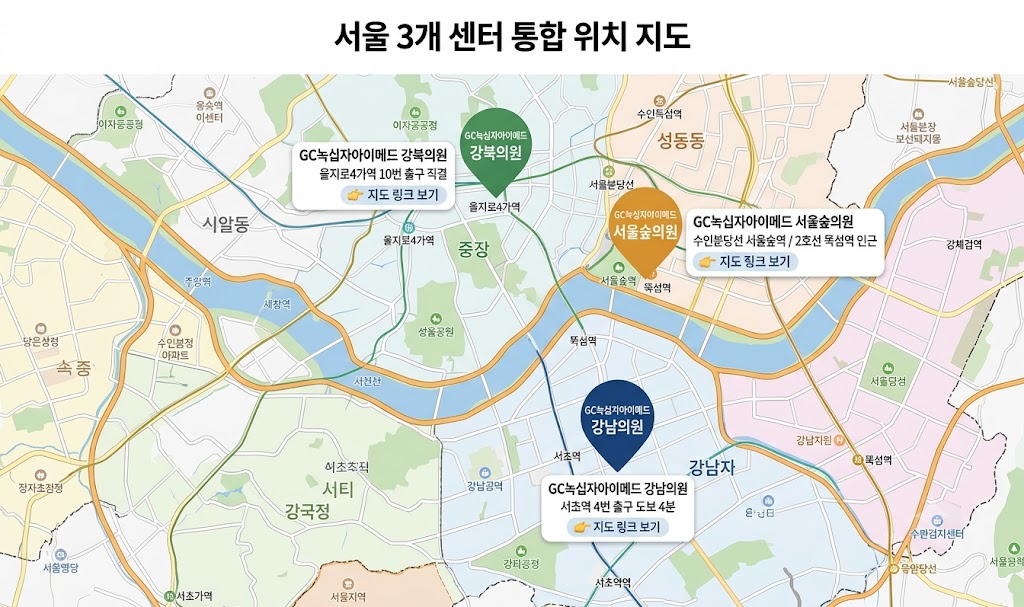 녹십자아이메드 강북의원, 녹십자아이메드 강남의원, 녹십자아이메드 서울숲의원 위치