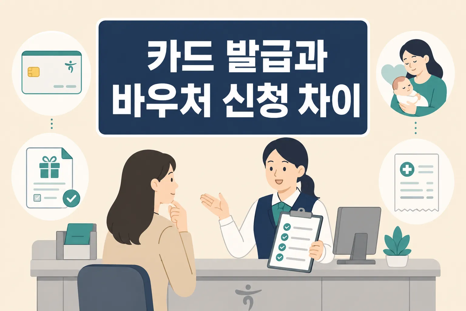 하나카드 국민행복카드 혜택을 확인하기 전 카드 발급과 바우처 신청을 따로 구분해야 하는 이유를 상담 장면으로 보여주는 썸네일 이미지