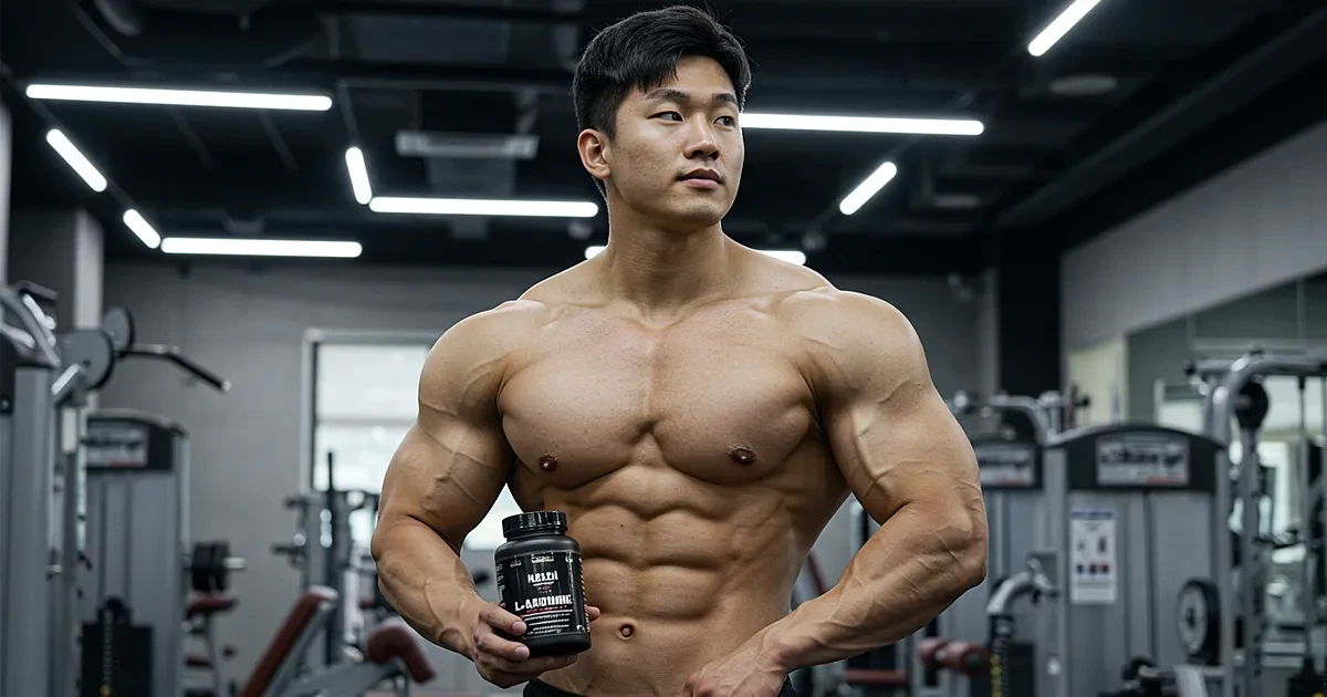 헬스장에서 근육을 강조하며 보충제를 들고 측면을 응시하는 보디빌더