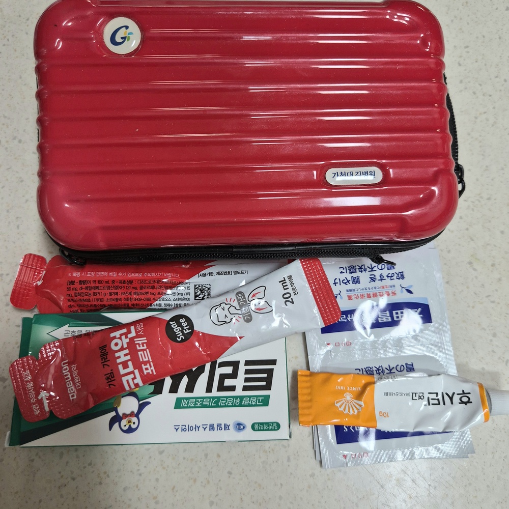 약통과 알약, 가루약, 물약, 바르는 약을 함께 정리한 모습