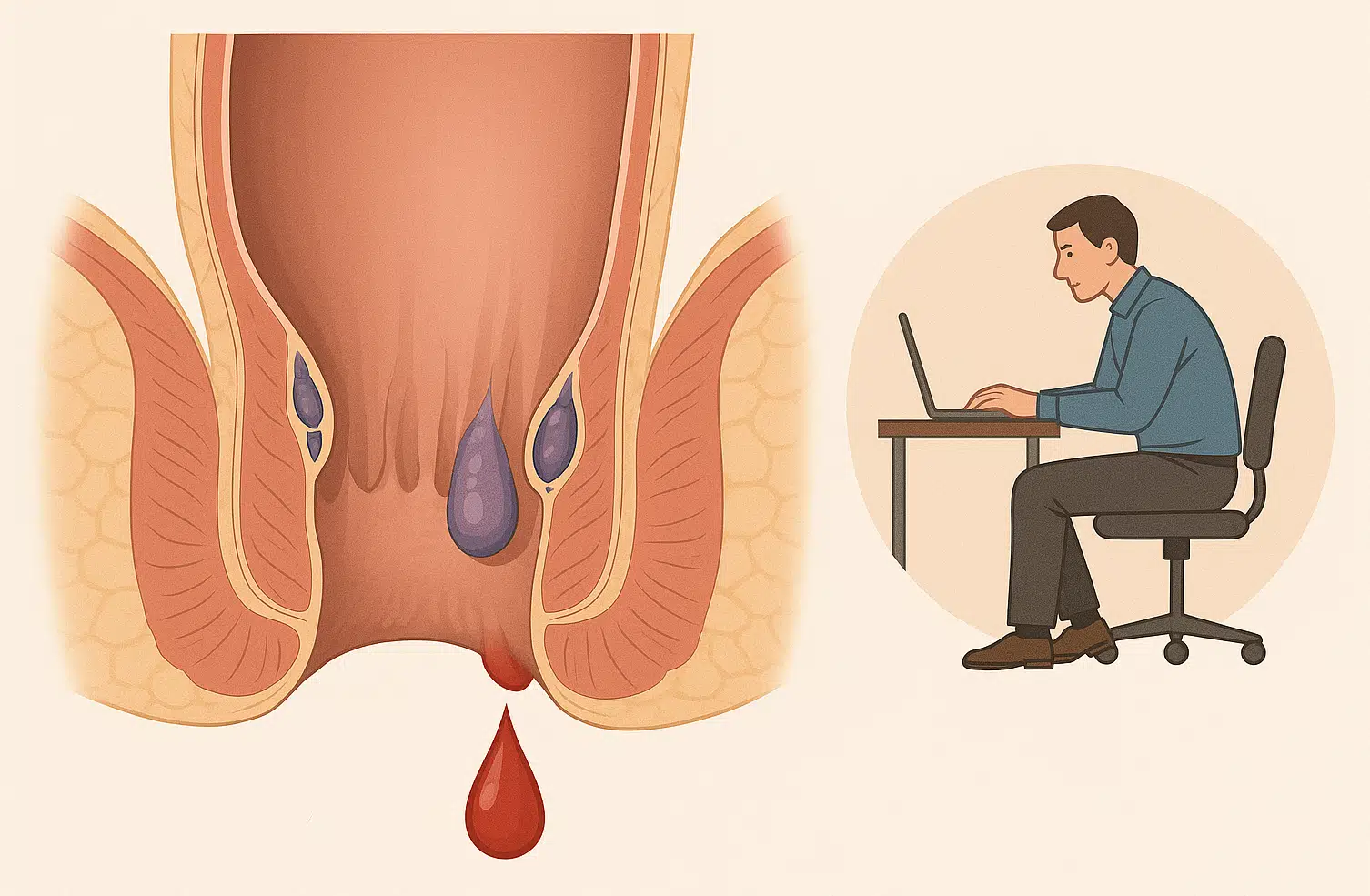 항문 정맥이 부풀어 올라 돌출된 조직(내치핵·외치핵) 단면 그림, 배변 시 선홍색 출혈