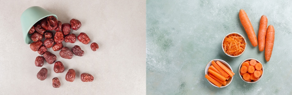 왼쪽은 대추를 가득 담은 둥근컵을 쓰러뜨려서 대추가 바닥에 흩어진 사진이고&#44; 오른쪽은 당근을 깨끗이 씻어서 3개를 바닥에 놓았고 그 왼쪽으로는 3개의 동그란 그릇에 각각&#44; 당근을 채를 썰어 놓은 것&#44; 당근을 동그랗게 자른 것&#44; 당근을 길게 잘라 놓은 것을 담고 있는 사진
