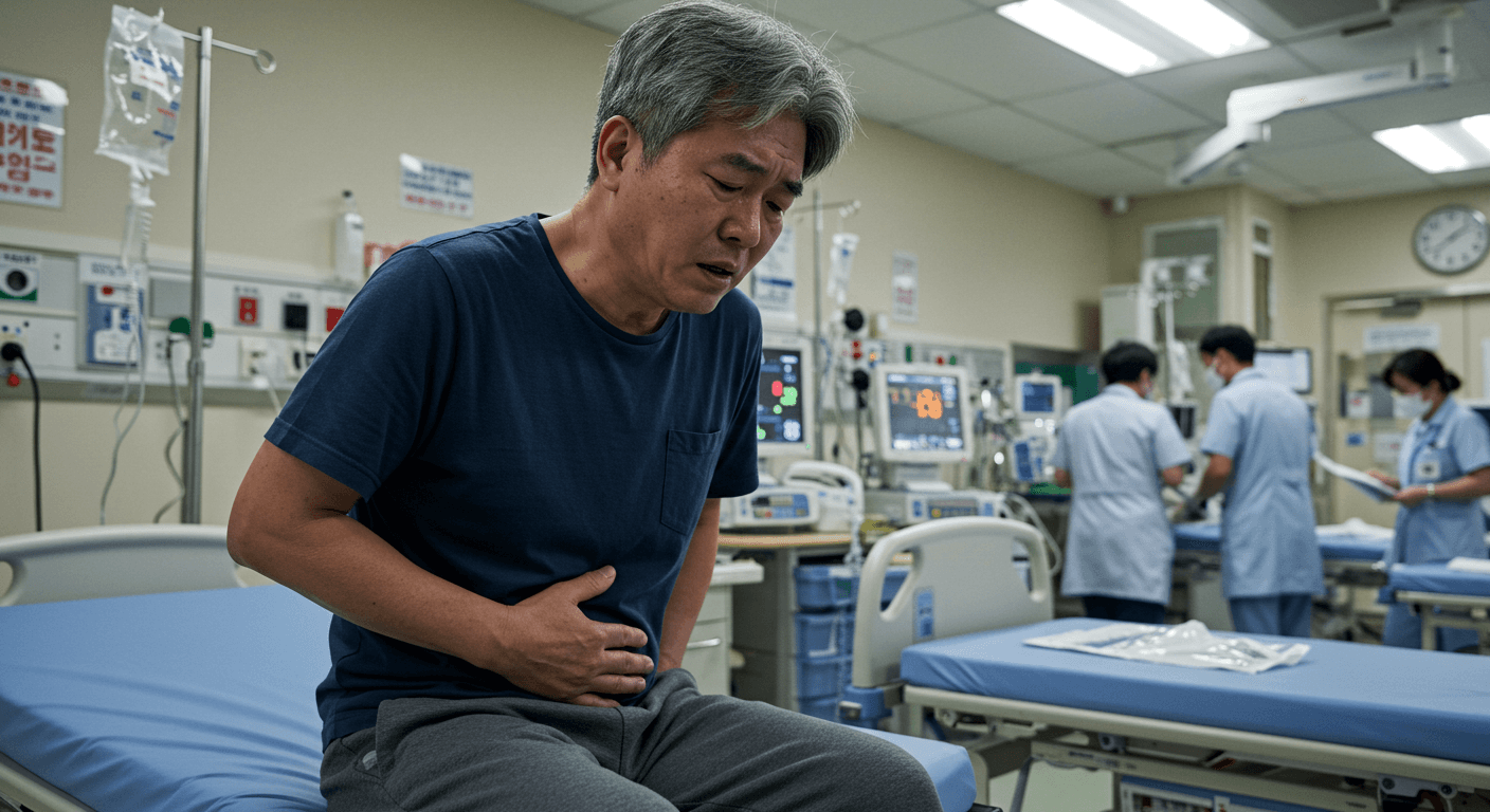 중년 남성이 갑작스런 복통을 호소하는 모습