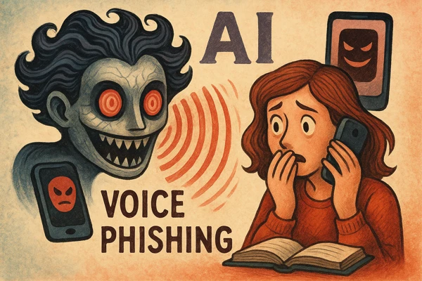 AI가 실제 사람 목소리를 흉내 내는 보이스피싱 위험을 경고하는 상징적 일러스트, 전화기와 가면, 왜곡된 음성 파형이 표현된 장면
