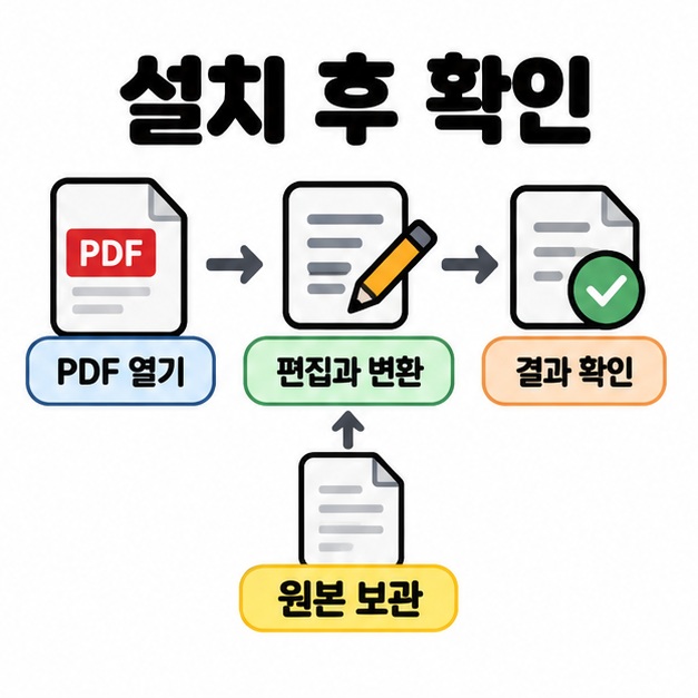 PDF 열기와 편집 및 변환, 결과 확인 순서에 원본 보관을 함께 표시한 설치 후 확인 도식