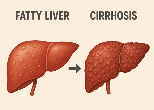 지방간에서 간경화로 진행되는 간의 변화를 단계별로 보여주는 의학 일러스트(출처: 자체제작)