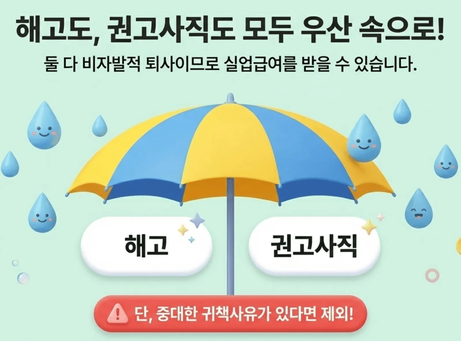 해고예고수당 vs 권고사직 위로금: 해고와 권고사직의 실업급여 수급 자격. 둘 다 비자발적 퇴사이므로 실업급여를 받을 수 있음을 우산으로 표현했습니다. 단, 근로자의 중대한 귀책사유가 있다면 제외됩니다.