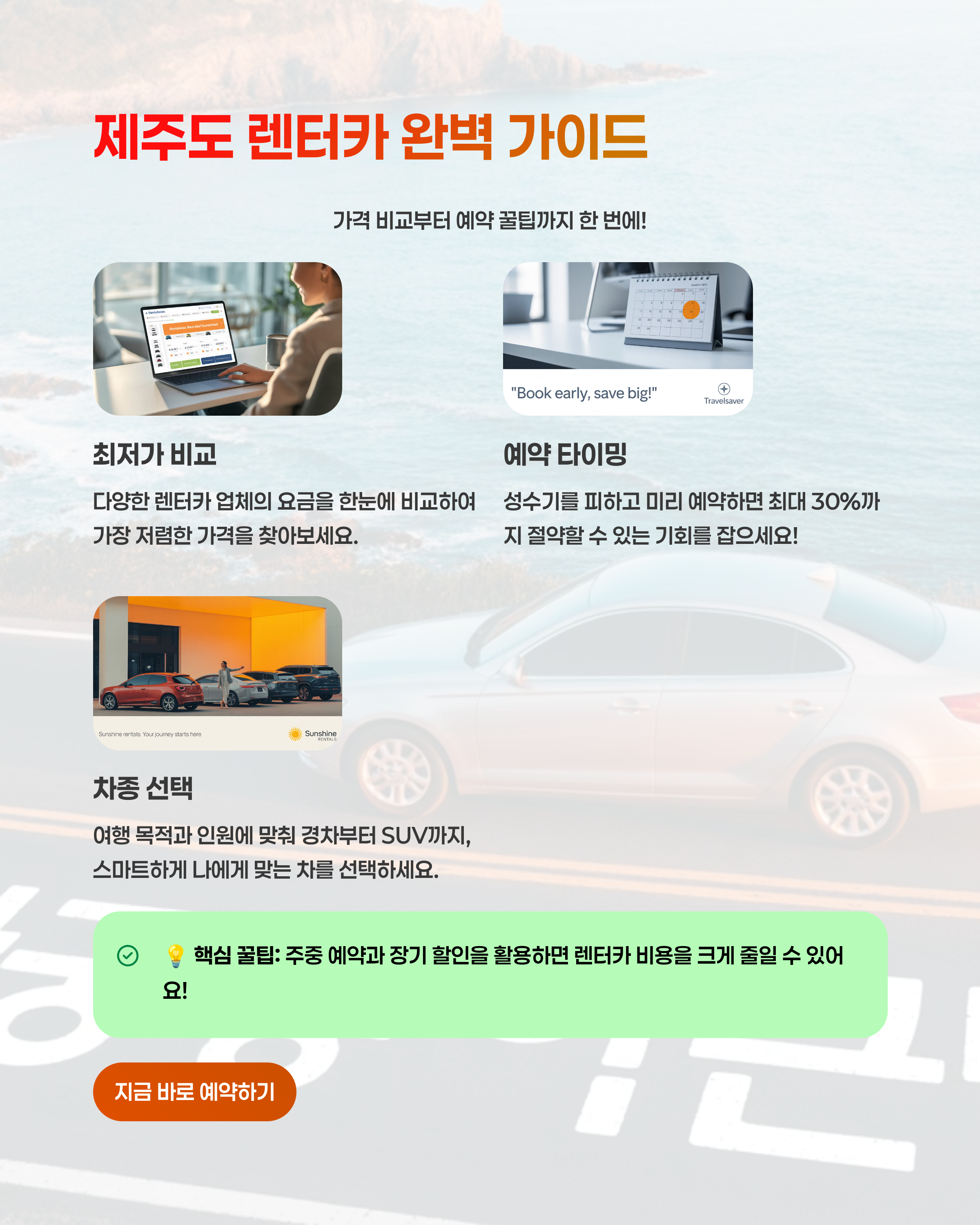 # 제주도 렌터카 가격 비교와 알뜰 예약 꿀팁

## 제주 여행을 준비할 때 꼭 알아야 할 렌터카 정보

---

제주도 여행에서 렌터카는 선택이 아닌 필수라는 말이 있을 정도로 많은 분들이 이용하고 계십니다. 대중교통만으로는 주요 관광지를 모두 다니기 어렵기 때문에 합리적인 가격과 조건으로 렌터카를 예약하는 것이 여행의 만족도를 크게 좌우합니다. 오늘은 제주도 렌터카 예약 시 꼭 확인해야 할 포인트와 유용한 꿀팁을 정리해드리겠습니다.

---

### 렌터카 예약은 언제 하는 게 좋을까?

성수기와 연휴 기간에는 예약이 빠르게 마감됩니다. 특히 여름 휴가철이나 추석, 설 연휴에는 최소 한 달 전 예약이 안전합니다. 반대로 비수기에는 당일 예약도 가능하지만, 원하는 차종이 없을 수 있으니 미리 잡는 게 유리합니다.

---

### 차량 크기 선택 요령

혼자 또는 둘이라면 경차나 소형차로 충분합니다. 주차가 편하고 연비도 좋아요. 가족 단위 여행이라면 SUV나 승합차를 선택하는 게 좋습니다. 짐이 많거나 아이들과 함께라면 공간이 넓은 차가 훨씬 편리합니다.

---

### 보험은 필수일까?

기본 보험만 들어도 되지만, 제주도 도로 특성상 초보 운전자가 많고 사고 위험이 존재합니다. 자차 포함 보험을 가입하면 혹시 모를 상황에서 안심할 수 있습니다. 다만 금액이 올라가기 때문에 본인 상황에 맞게 선택하면 됩니다.

---

### 공항 근처 렌터카 이용 팁

대부분의 렌터카 업체는 공항 근처에 위치해 있습니다. 무료 셔틀버스를 제공하니 도착 후 바로 이동이 가능합니다. 공항 근처 업체일수록 경쟁이 치열해 가격 비교가 쉽다는 장점도 있습니다.

---

### 렌터카 가격대 비교

아래 표는 시즌별 평균 가격을 단순 비교한 예시입니다. (실제 가격은 업체와 예약 시기에 따라 달라질 수 있습니다.)

❘ 시즌 ❘ 경차(1일 기준) ❘ 중형차(1일 기준) ❘ SUV(1일 기준) ❘
❘ --- ❘ --------- ❘ ---------- ❘ ---------- ❘
❘ 비수기 ❘ 3만\~4만 원 ❘ 5만\~6만 원 ❘ 7만\~9만 원 ❘
❘ 성수기 ❘ 6만\~8만 원 ❘ 9만\~12만 원 ❘ 13만\~15만 원 ❘

---

### 추가 옵션 체크하기

네비게이션은 대부분 기본 제공됩니다. 하지만 아기 카시트나 캠핑 용품 같은 옵션은 추가 요금이 붙을 수 있습니다. 예약 시 꼼꼼히 확인해야 불필요한 지출을 막을 수 있습니다.

---

### 주유와 반납 규정

렌터카는 보통 ‘만땅 대 만땅’ 규정이 많습니다. 출발 시 기름이 가득 차 있으면, 반납할 때도 가득 채워야 합니다. 이를 지키지 않으면 주유비가 별도로 청구될 수 있으니 주의하세요.

---

### 제주 여행에서 렌터카가 주는 자유로움

시간표에 얽매이지 않고, 가고 싶은 곳을 마음대로 누빌 수 있다는 점에서 렌터카는 최고의 선택입니다. 올레길 옆 작은 카페부터 해안도로 드라이브까지, 차가 있으면 여행의 질이 확실히 달라집니다.

---

\#제주도렌터카 #제주여행준비 #렌트카가격비교 #제주도여행팁 #제주공항렌터카 #제주도가족여행

제주도렌터카, 제주공항렌트카, 여행정보, 렌터카예약, 제주여행