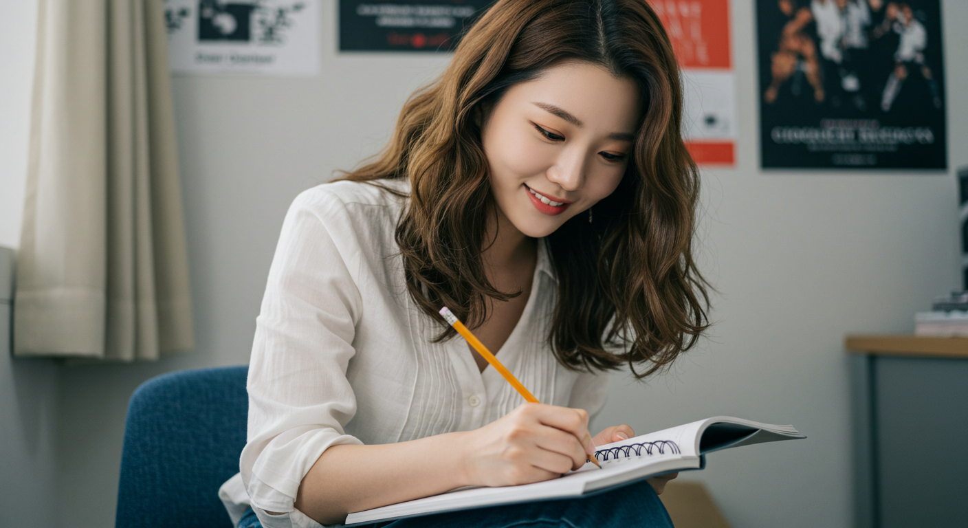 종이에 글을 쓰고있는 한국여성.