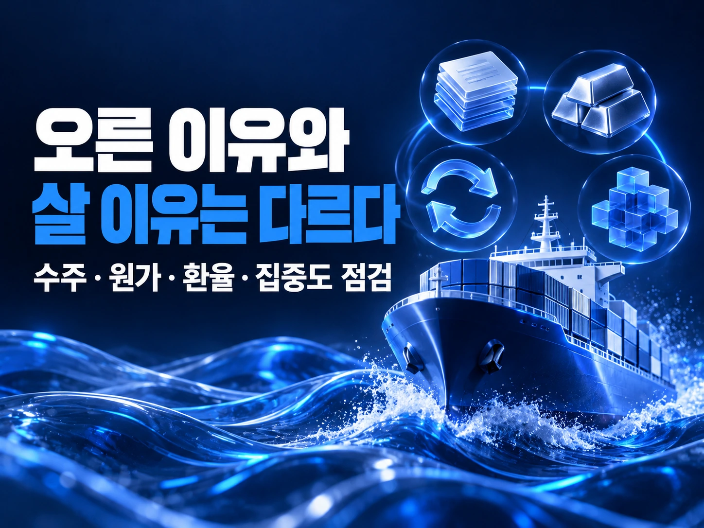 파도를 지나는 선박과 수주, 원가, 환율, 집중도 점검 항목을 보여 주는 카드