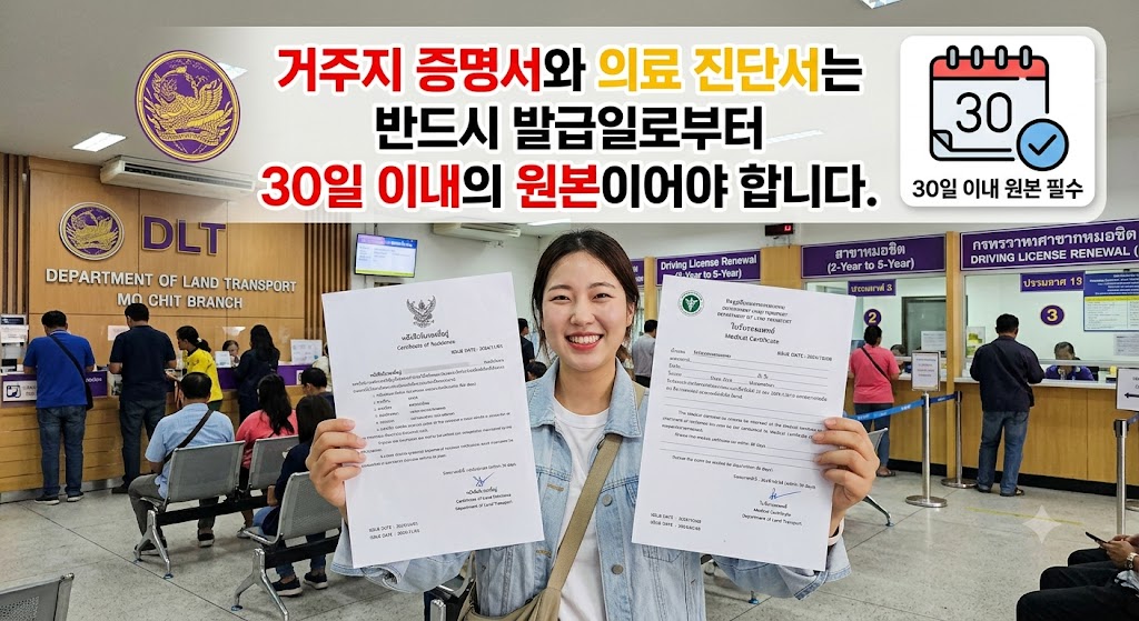 모칫 교통국 내부에서 여성 모델이 거주지 증명서와 의료 진단서 원본을 들고 미소 짓고 있으며, 상단에 '30일 이내 원본이어야 합니다'라는 안내 문구가 적힌 이미지