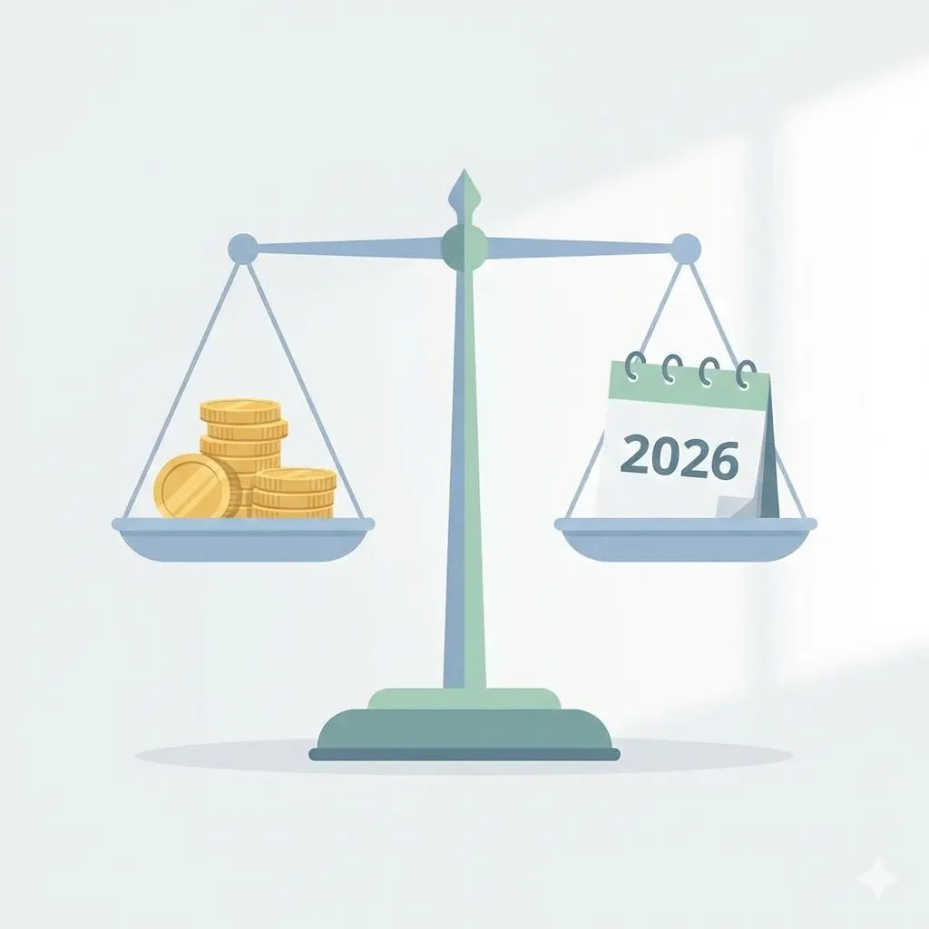 재물운의 선택 시기를 상징하는 저울과 화살표 형태의 심플한 일러스트