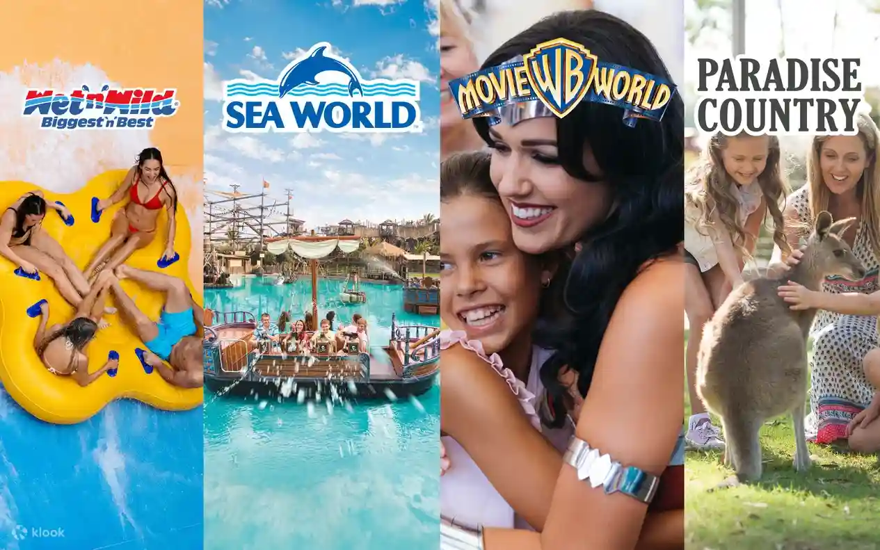 골드코스트 테마파크 멀티 데이 패스로 이용 가능한 무비월드, 씨월드, 웻앤와일드, 파라다이스 컨트리 4곳의 대표 이미지