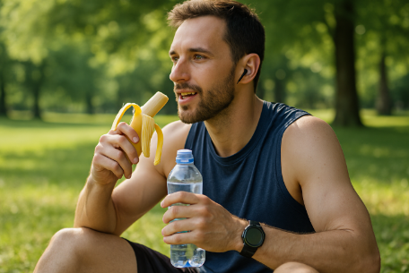러닝 후 그늘에서 바나나와 물을 섭취하며 회복 중인 러너
