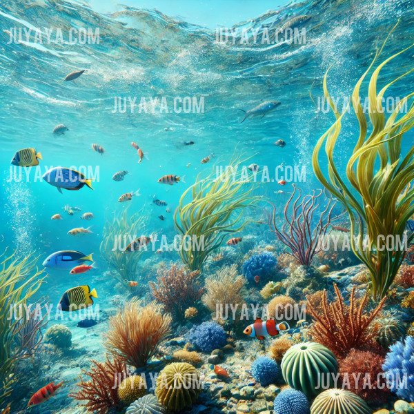 푸른 바닷속에서 물고기들이 헤엄치고 부드러운 해초가 흔들리는 모습&amp;#44; 신비롭고 생명력 넘치는 해저의 풍경