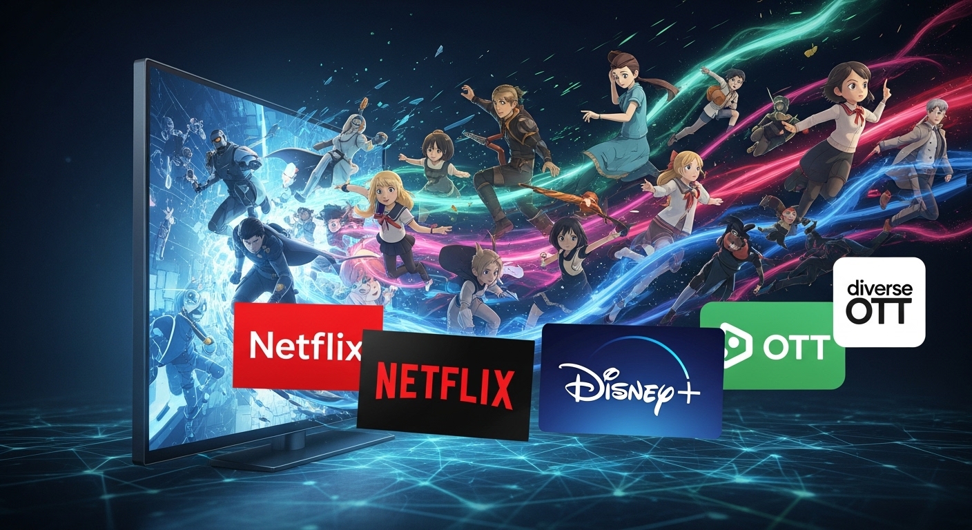2025년 넷플릭스, 디즈니+ 등 다양한 스트리밍 서비스에서 쏟아지는 애니메이션 콘텐츠를 상징하는 활기찬 이미지